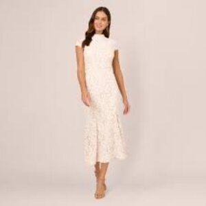 Adrianna Papell Cap Sleeve Lace Midi Dress In Ivory Nude Size 6